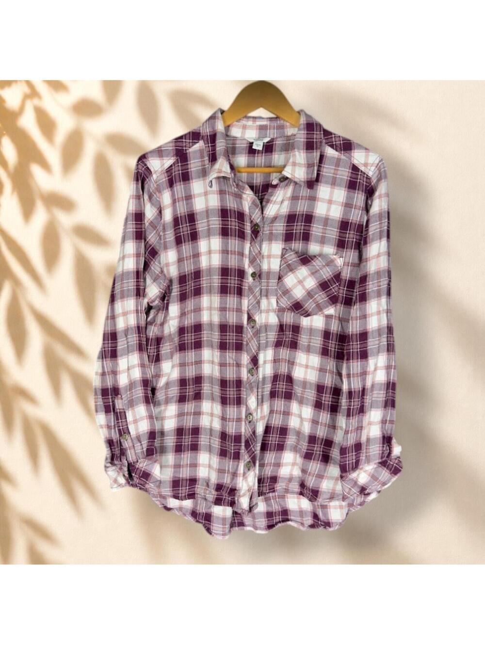 Sonoma Shirt Women XL Purple Plaid Button Up Collared Long Sleeve Pockets Cotton